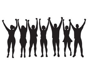 Crowd cheering with raised hands silhouette. Celebration silhouettes the joy of success. A cheerful group illustration