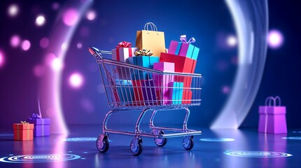 A glowing shopping cart with a glossy metallic frame hovering in a sleek, high-tech environment with bokeh. The background is deep blue with neon grid 