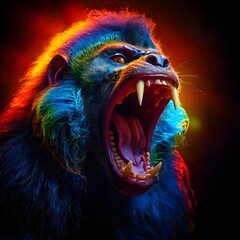 A vibrant and dynamic photograph captures a fierce gorilla roars in the dark, its skin glowing with neon colors.