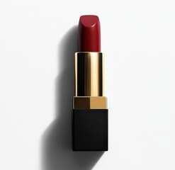 Centered red lipstick in a gilded tube exudes elegance and allure, its sleek design captivating from every angle