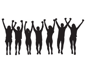 Fototapeta premium Crowd cheering with raised hands silhouette. Celebration silhouettes the joy of success. A cheerful group illustration