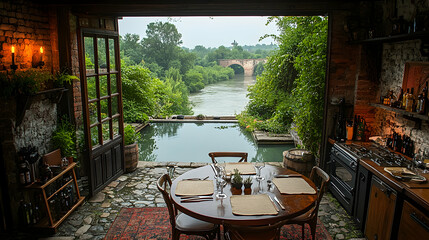 Fototapeta premium Riverfront Dining Room with Outdoor Pool