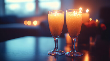 Romantic candles in glasses on a table at home