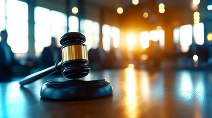 Gavel rests on wooden table as sunlight streams into a courtroom setting during a legal proceeding