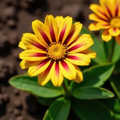 Cineraria in full autumnal color, rich soil backdrop , texture, aster, daisy