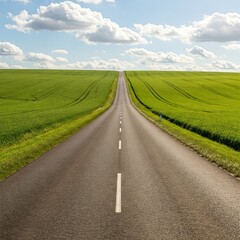 Fototapeta premium Peaceful Countryside Road Surrounded by Green Fields Under Daylight