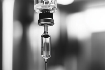 Closeup of intravenous drip in black and white .. A black and white image depicting a syringe poised for injection, highlighting the medical context and precision of the instrument.