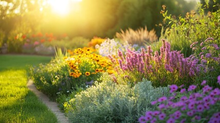 Obraz premium Vibrant garden scene with diverse flowers and plants basking in warm sunlight, creating a peaceful and picturesque atmosphere.