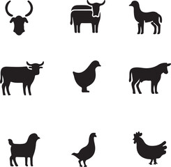 Farm animals silhouette hen horse donkey cow goat icon set 