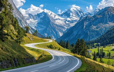Naklejka premium Snowy Swiss Mountain Pass Under A Bright Blue Sky