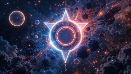 Glowing Celestial Compass Against a Cosmic Background Filled with Stars and Nebulae
