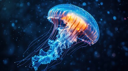Obraz premium Glowing Blue Jellyfish in Dark Ocean Water