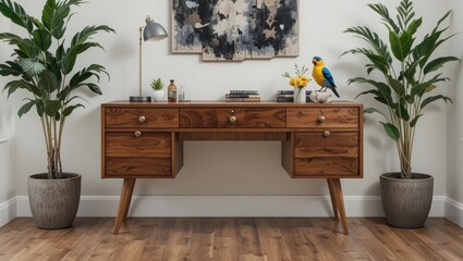 Stylish Wooden Desk with Plants and Colorful Bird in Modern Interior Setting