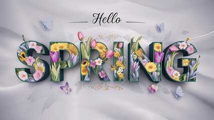 Spring typography with artistic floral composition inside bold letters, featuring fresh blossoms, natural elegance, creative design, seasonal beauty, vibrant colors, nature’s rebirth, and happiness