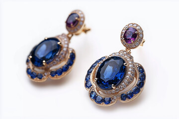 Naklejka premium a pair of earrings with blue stones and diamonds on a white surface with a shadow of the background behind it