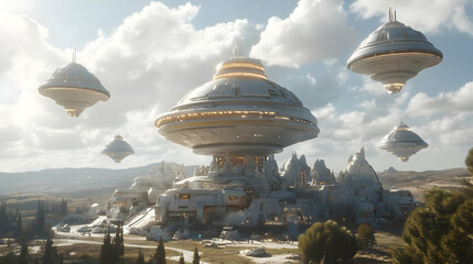 Futuristic White City with Flying Vehicles Under a Bright Sky