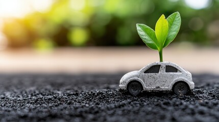 Small eco-friendly car with a green leaf symbolizing sustainable commuting and environmental awareness growth
