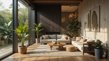 Cozy Modern Living Room with Natural Light and Abundant Indoor Plants in Minimalist Style