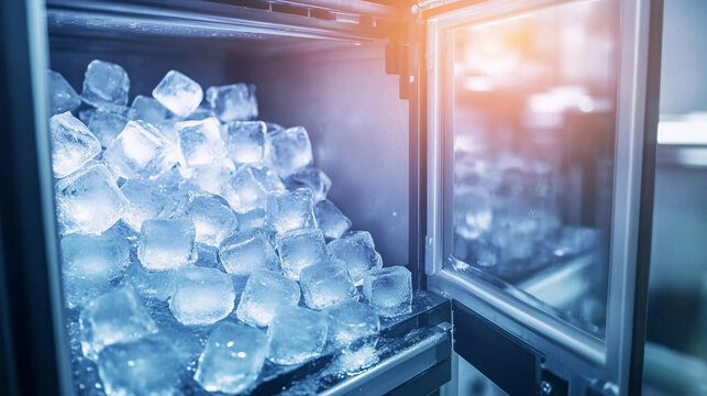 Ice stored in an ice making machine with open door Generative AI