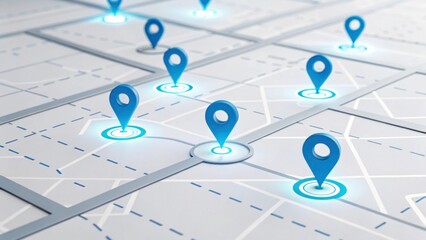 Digital Navigation: A grid of a map is adorned with several location pins, each emitting a soft, glowing light. This image represents the essence of navigation, location, and the digital world.