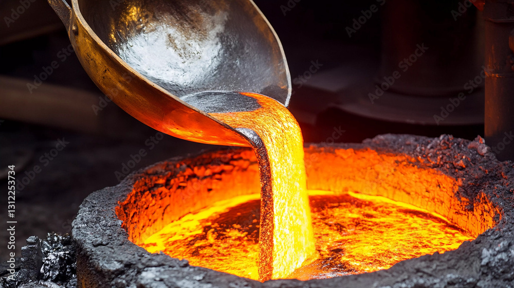 Poster iron pouring from ladle into molten furnace at a foundry generative ai