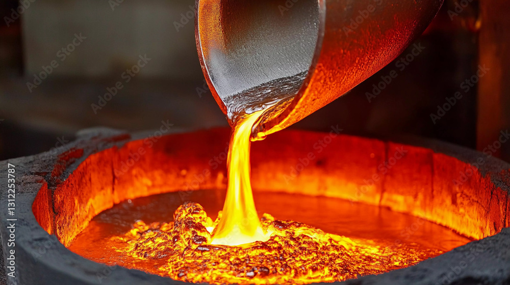 Aufkleber iron pouring from ladle into melting furnace in foundry generative ai