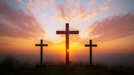 Silhouette crosses at sunrise