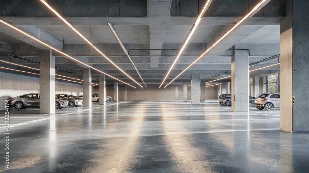 Poster a spacious parking structure showcases modern concrete architecture infused with natural light, high