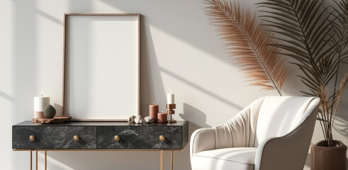 sleek dark console table with candles and plush armchair in a modern interior
