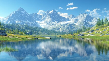 Fototapeta premium A beautiful landscape featuring mountains lake and blue skies