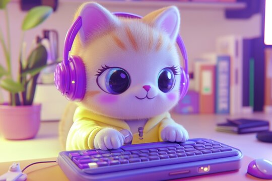 Fototapeta Adorable fluffy cat wearing headphones types on a keyboard, creating a cute and charming scene.