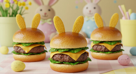 Três Deliciosos cheeseburgers suculentos com carne, queijo derretido, tomate e alface em um pão de gergelim com orelha de coelho