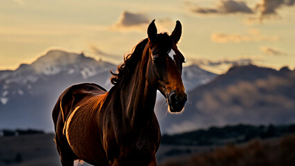 Fototapeta premium Brown mare rears gracefully at sunrise revealing grace, grace shining through strong silhouette and sweeping horizon, grace theme inspiring emotive visuals for equine-based projects worldwide, perfect