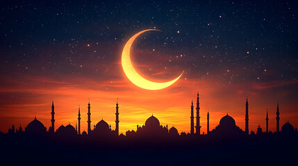 Silhouette of mosques at sunset with crescent moon and stars. (1)