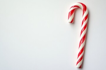 Red and white candy cane is on a white background. The candy cane is the main focus of the image