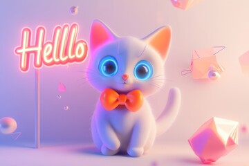 Adorable 3D cartoon cat with neon 'Hello' sign, surrounded by pastel geometric shapes.