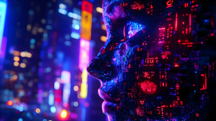 Futuristic Woman in Neon City at Night