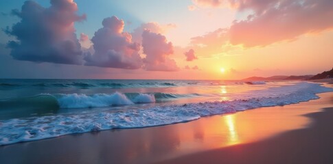 Serene beach at dawn, soft waves lapping shore, landscape, vacation, detail