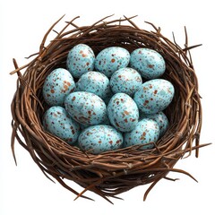 Obraz premium Realistic 3D Icon Cartoon of a Birds Nest Filled with Tiny Aquamarine Eggs isolated on clear white background