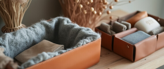 soft blue textile in a tan leather storage box