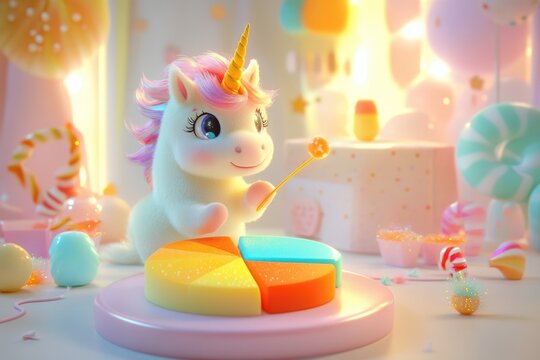 Adorable unicorn playfully interacts with a pastel pie chart in a whimsical candyland setting.
