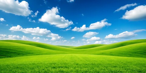 Fototapeta premium Idyllic green field under a bright blue sky with fluffy clouds.