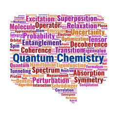 Fototapeta premium Quantum Chemistry Word Cloud. Key concepts in wavefunctions, orbitals, superposition, and computational methods.