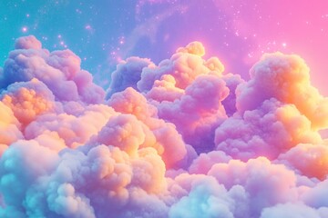 Pastel cloudscape, dreamy sky, colorful fluffy clouds, soft celestial scene.