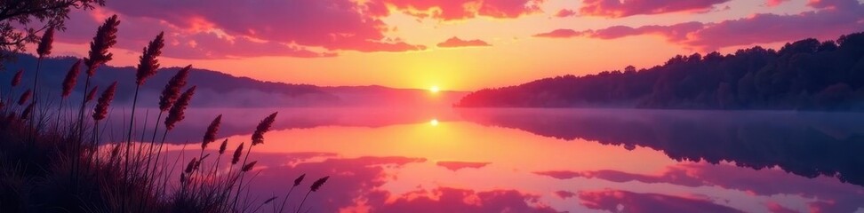 Orange and purple hues at day's end, mirroring on still lake; reeds sway gently in the breeze , twilight, environment