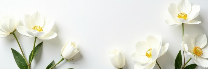 Subtle white floral arrangement, pristine white canvas, background, elegant