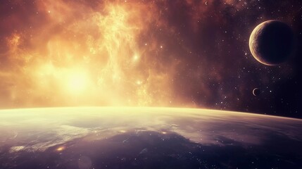 A beautiful and colorful space scene with a sun and a moon. The sun is shining brightly in the sky, and the moon is in the background