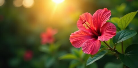 Sunlit hibiscus flowers, showcasing diverse color palettes , tropical, red, nature