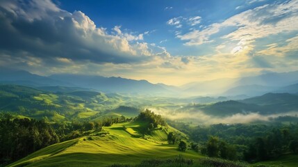 A beautiful mountain landscape with a bright blue sky and clouds. The sun is shining through the clouds, creating a warm and peaceful atmosphere