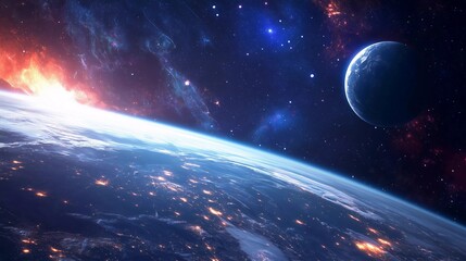 Obraz premium A beautiful view of the Earth and the Moon in the sky. The Earth is lit up with a warm orange glow, and the Moon is shining brightly in the background. The scene is peaceful